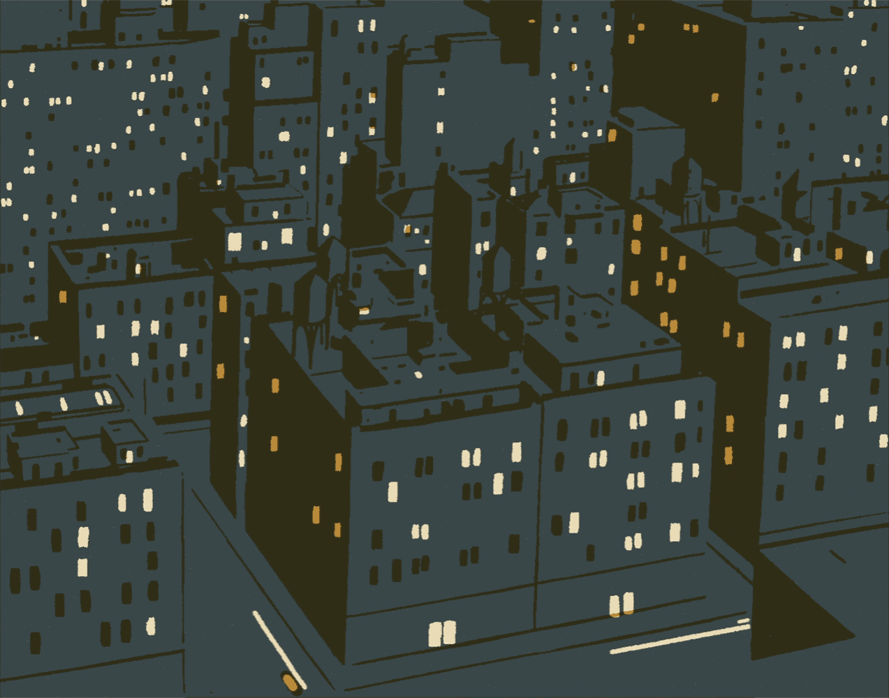 Harry Tennant, Animated digital textural illustration of a city at night, city lights.